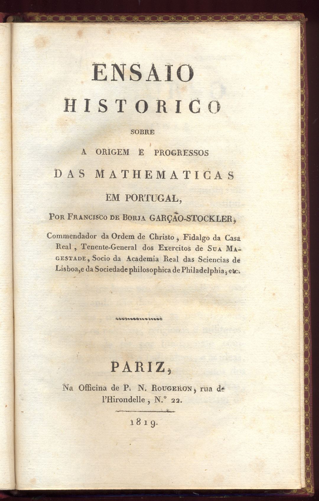 ENSAIO HISTRICO sobre a origem e progressos DAS MATHEMATICAS em Portugal